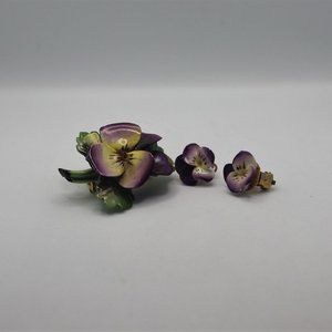 Staffordshire China Pansy Brooch and Clip on Earrings